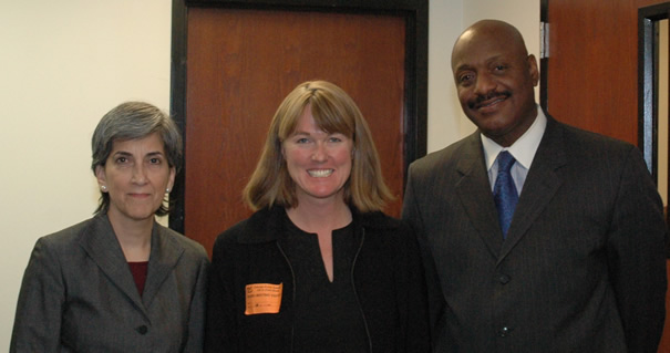 October 24, 2007: Left to Right: Rachel Resnick, CPS Chief of Labor Relations, Parent Amy Lux, and Calvin Davis, Director Sports Administration and Facilities Management, after Ms. Lux presented her materials on recess and physical education to the Board of Education. Substance photo by George N. Schmidt.
